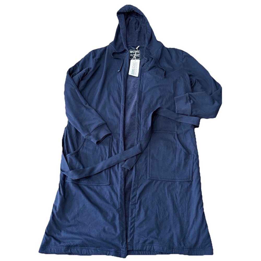 Dude Robe Men's Size S/M Navy Blue Hooded Pockets Belt Soft Cotton Shower Wrap